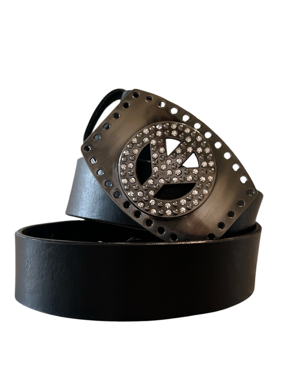Black genuine leather belt with a large peace sign gunmetal removable buckle
